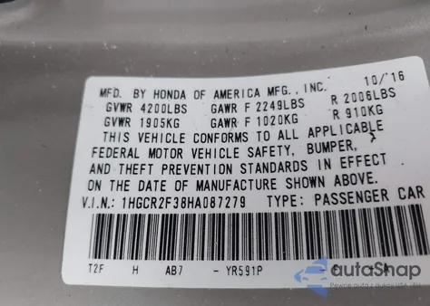 2017 Honda Accord Lx из США, поврежденный, VIN 1HGCR2F38HA087279